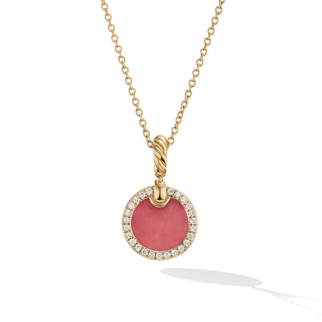 David Yurman Petite Elements Pendant Necklace in 18K Yellow Gold with Rhodonite and Diamonds 17.8mm