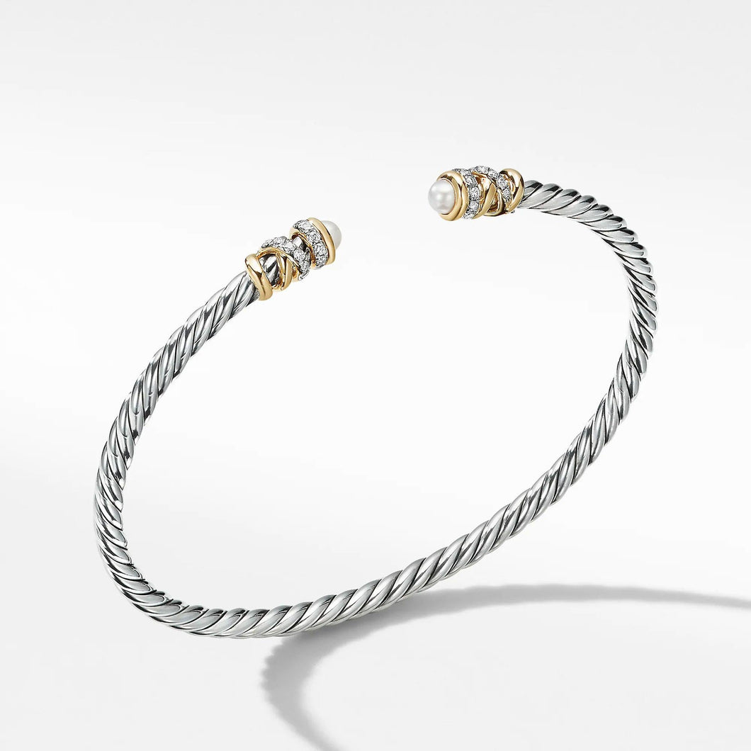 David Yurman Petite Helena Open Bracelet with Pearls, 18k Yellow Gold and Pave Diamonds