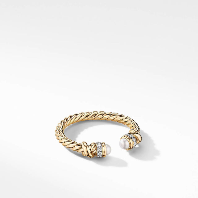 David Yurman Petite Helena Open Ring in 18k Yellow Gold with Pearls and Diamonds - Size 6
