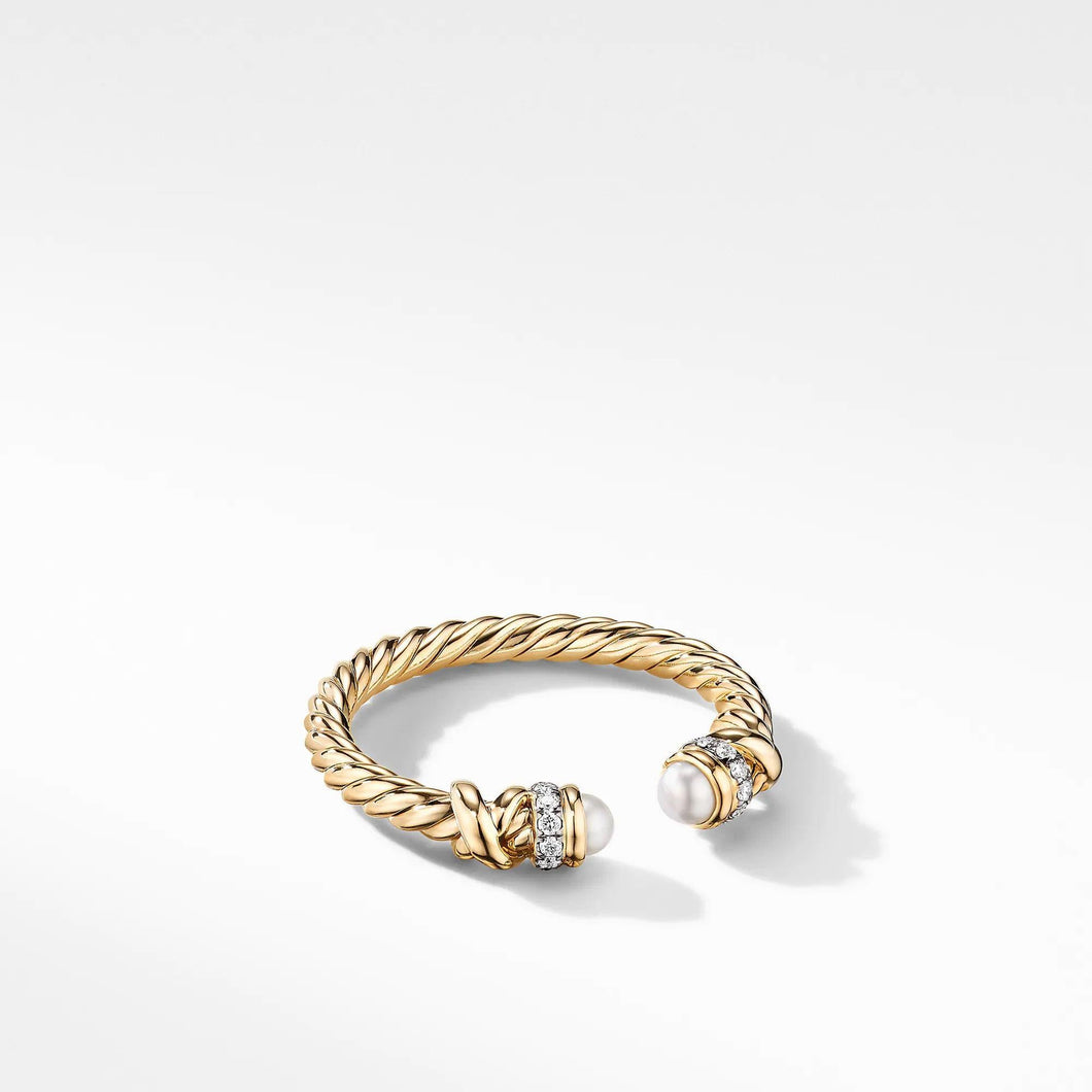 David Yurman Petite Helena Open Ring in 18k Yellow Gold with Pearls and Diamonds - Size 6