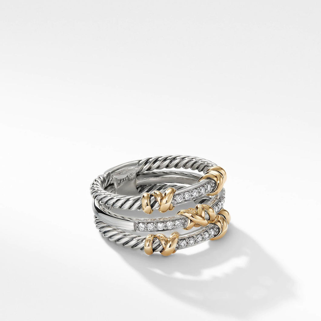 David Yurman Petite Helena Three Row Ring with 18k Yellow Gold and Diamonds - Size 7