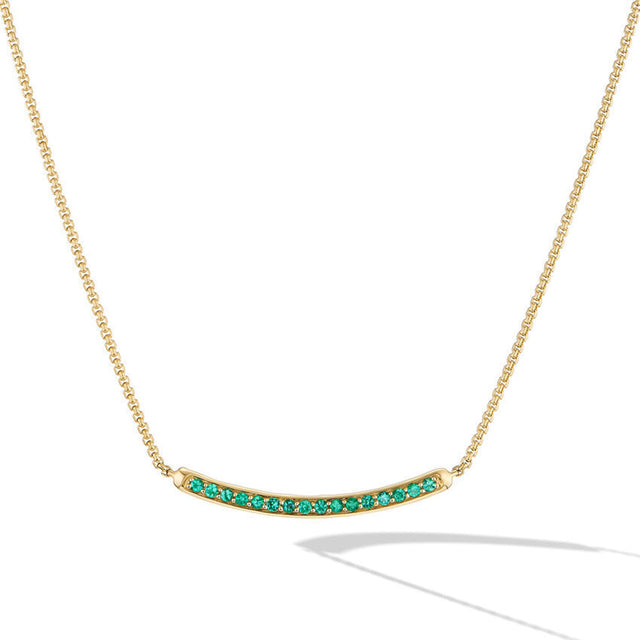 David Yurman Petite Pave Bar Necklace in 18K Yellow Gold with Emeralds 1.25mm