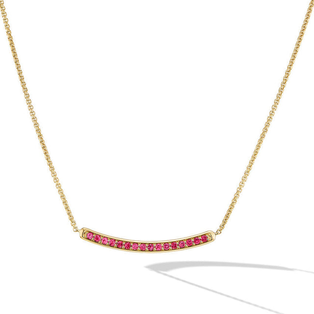 David Yurman Petite Pave Bar Necklace in 18K Yellow Gold with Rubies 1.25mm