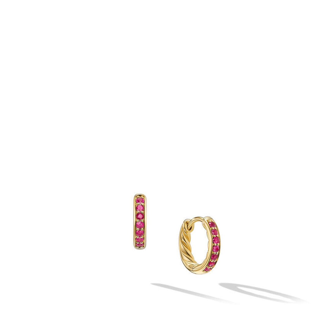 David Yurman Petite Pave Huggie Hoop Earrings in 18K Yellow Gold with Rubies 12mm