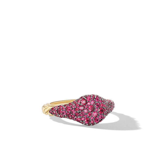 David Yurman Petite Pave Pinky Ring in 18K Yellow Gold with Red Rubies 7mm - Size 3.5