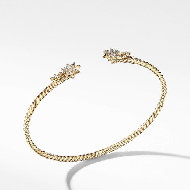 David Yurman Petite Starburst Open Cable Bracelet in 18k Yellow Gold with Pave Diamonds - Medium
