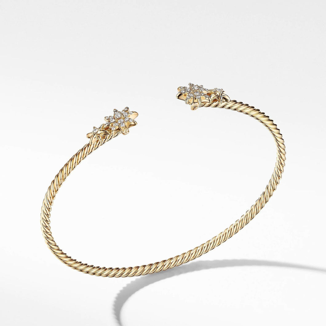 David Yurman Petite Starburst Open Cable Bracelet in 18k Yellow Gold with Pave Diamonds - Medium