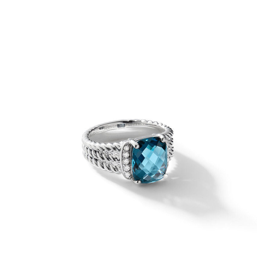 David Yurman Petite Wheaton Ring with Hampton Blue Topaz and Diamonds - Size 7
