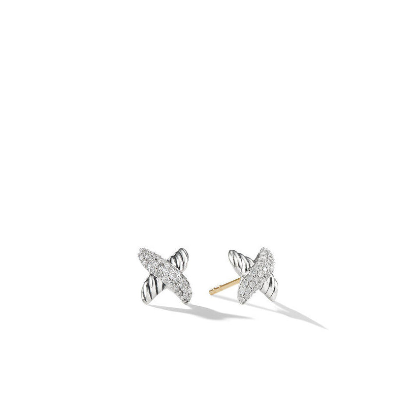 David Yurman Petite X Stud Earrings in Sterling Silver with Pave Diamonds