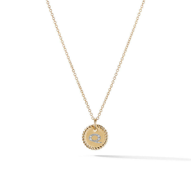 David Yurman Q Initial Charm Necklace in 18K Yellow Gold with Pave Diamonds