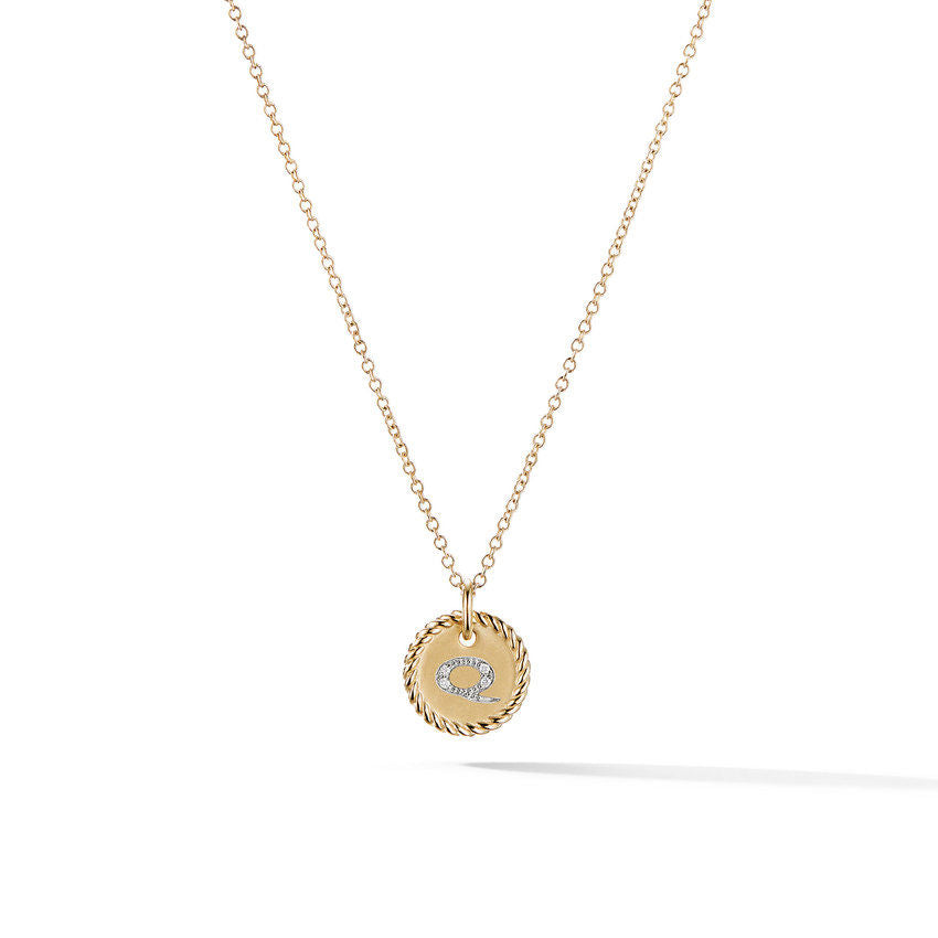David Yurman Q Initial Charm Necklace in 18K Yellow Gold with Pave Diamonds