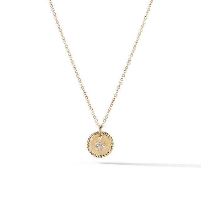 David Yurman S Initial Charm Necklace in 18K Yellow Gold with Pave Diamonds