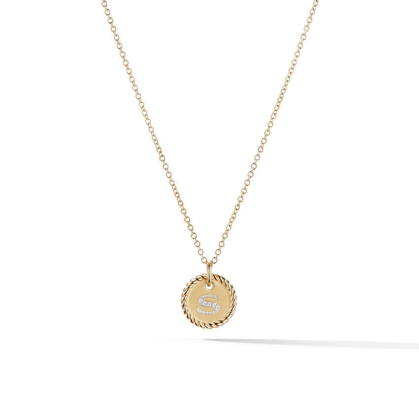 David Yurman S Initial Charm Necklace in 18K Yellow Gold with Pave Diamonds