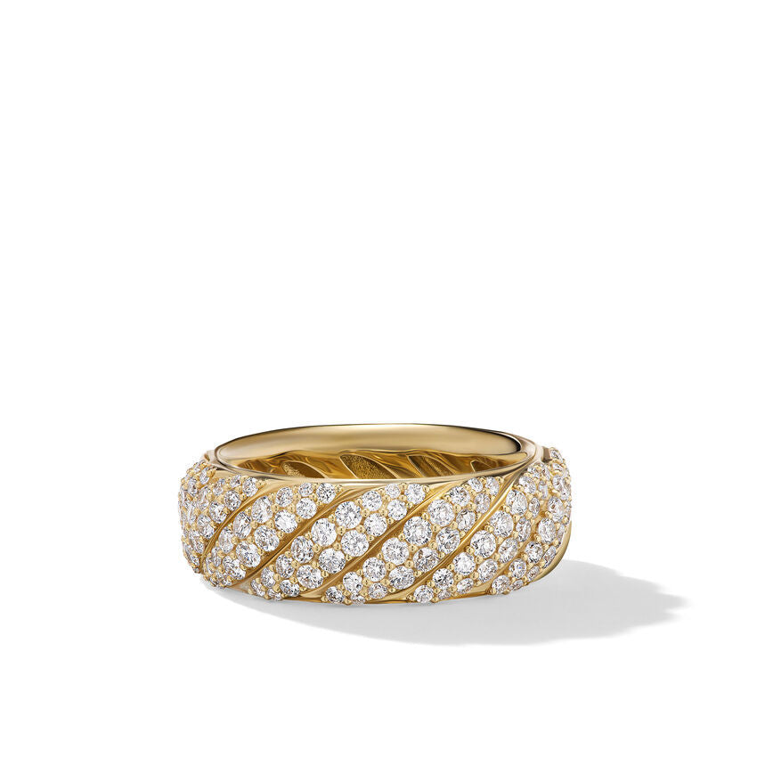 David Yurman Sculpted Cable Band Ring in 18K Yellow Gold with Pave Diamonds | Size 8