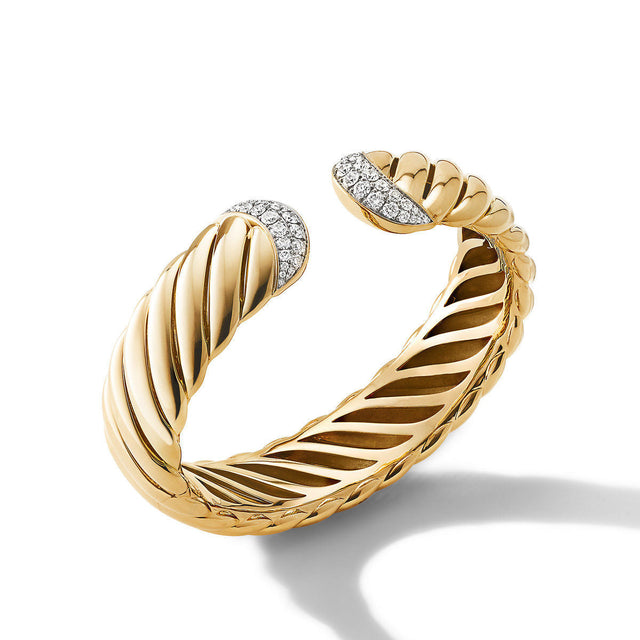 David Yurman Sculpted Cable Cuff Bracelet in 18K Yellow Gold with Pave Diamonds - Medium