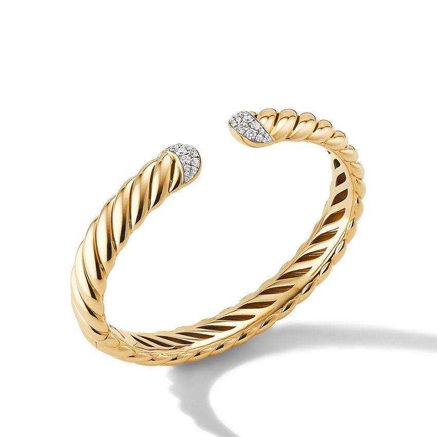 David Yurman Sculpted Cable Cuff Bracelet in 18k Yellow Gold with Pave Diamonds - Large