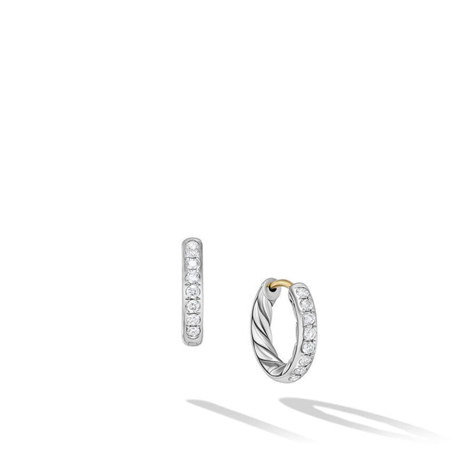 David Yurman Sculpted Cable Huggie Hoop Earrings in Sterling Silver with Diamonds