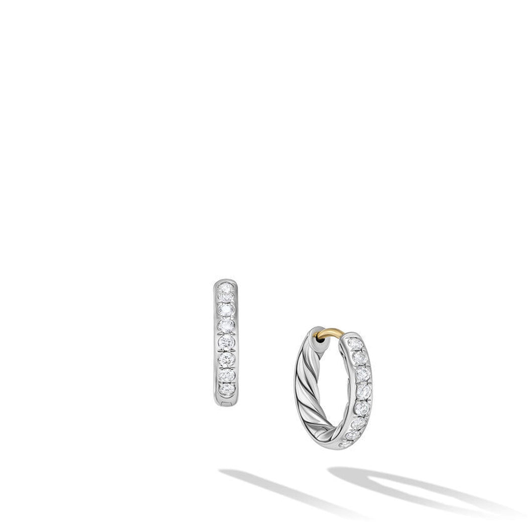 David Yurman Sculpted Cable Huggie Hoop Earrings in Sterling Silver with Diamonds