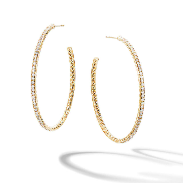 David Yurman Sculpted Cable Large Hoop Earrings in 18K Yellow Gold with Pave Diamonds - 50mm
