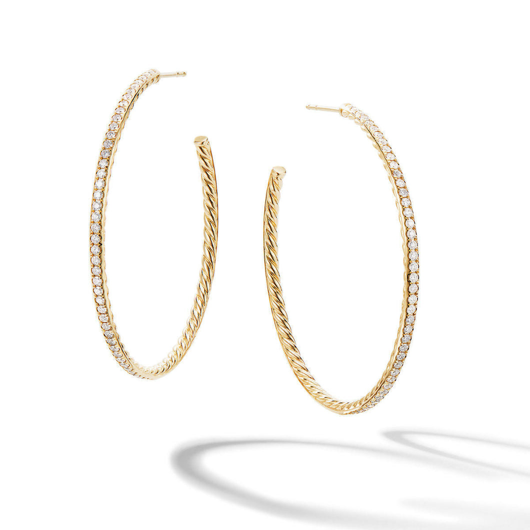 David Yurman Sculpted Cable Large Hoop Earrings in 18K Yellow Gold with Pave Diamonds - 50mm