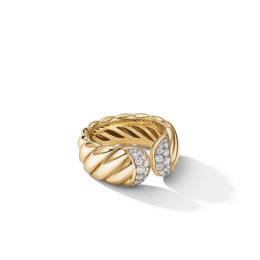 David Yurman Sculpted Cable Ring in 18k Yellow Gold with Pave Diamonds - Size 7