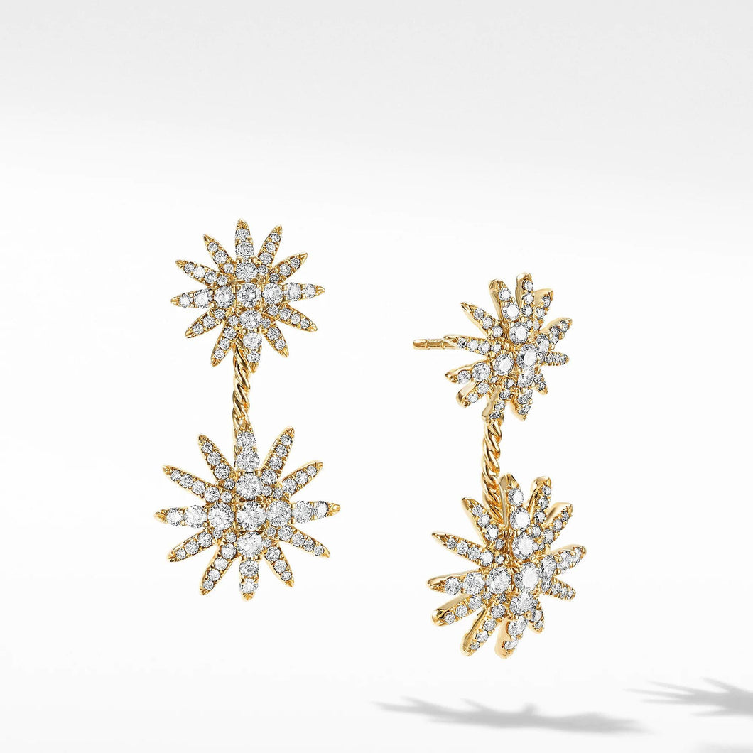 David Yurman Starburst Double Drop Earrings in 18k Yellow Gold with Full Pave Diamonds