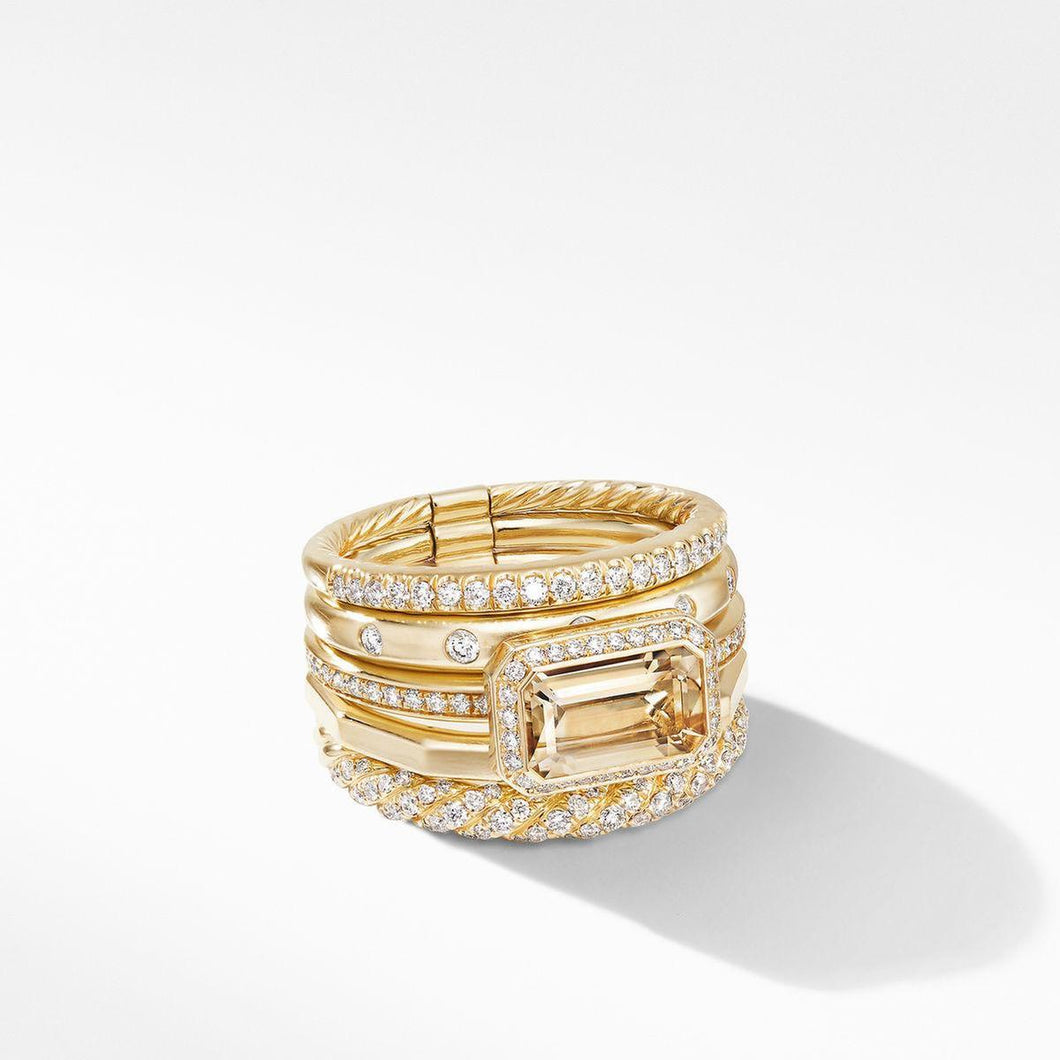 David Yurman Stax Statement Ring in 18K Yellow Gold with Champagne Citrine and Diamonds - Size 7