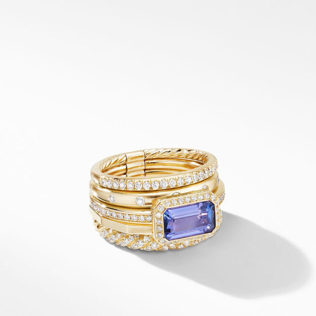David Yurman Stax Statement Ring in 18k Yellow Gold with Tanzanite and Diamonds - Size 7