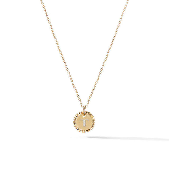 David Yurman T Initial Charm Necklace in 18K Yellow Gold with Pave Diamonds