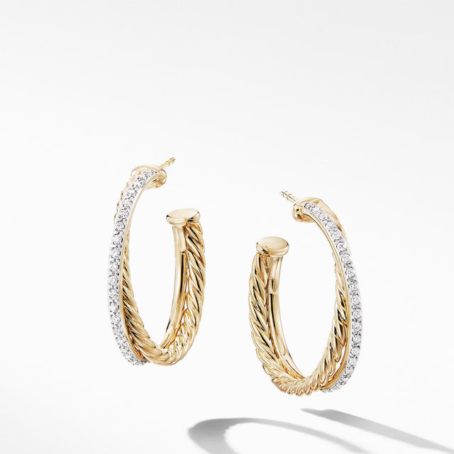 David Yurman The Crossover Collection Medium Hoop Earrings in 18k Yellow Gold with Diamonds