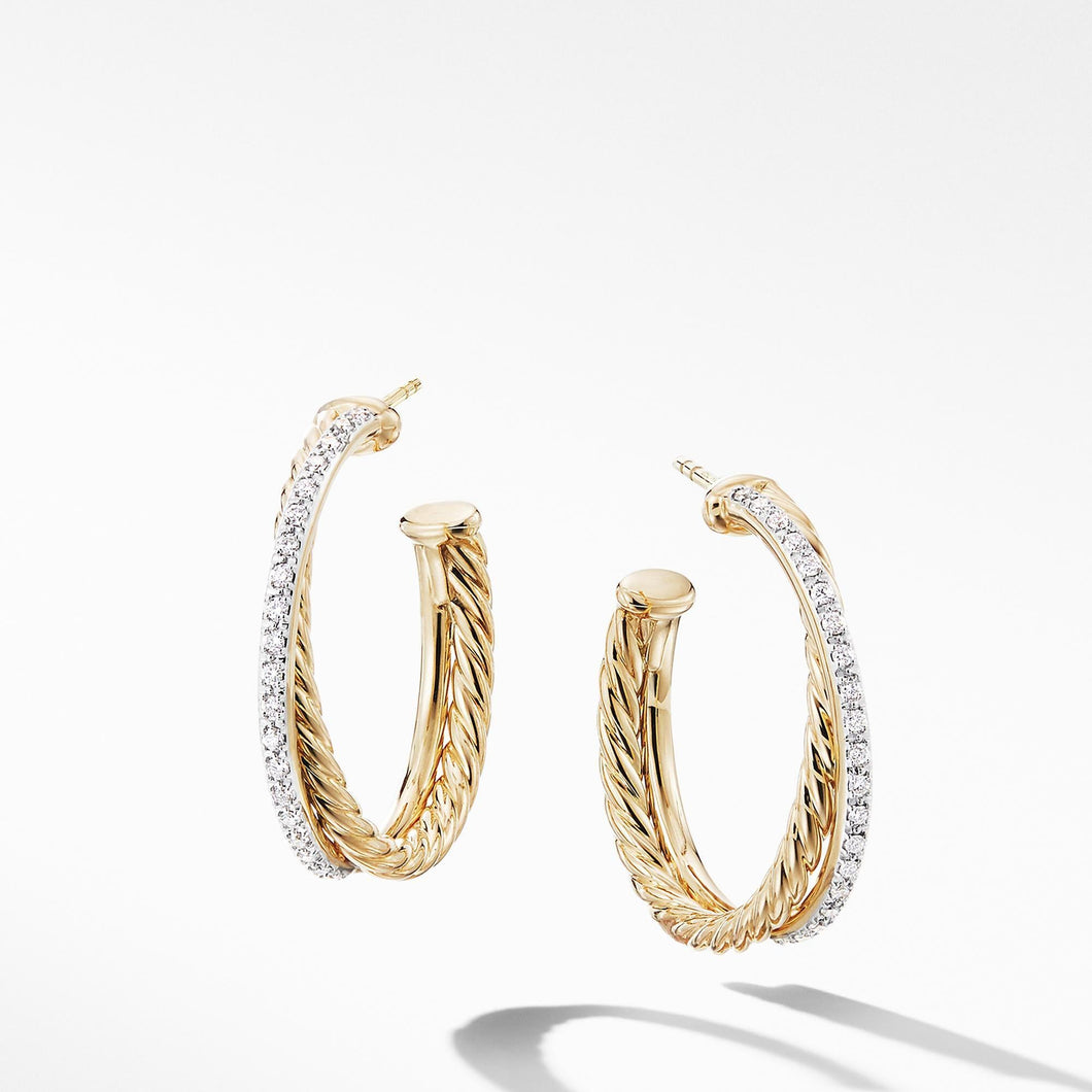 David Yurman The Crossover Collection Medium Hoop Earrings in 18k Yellow Gold with Diamonds