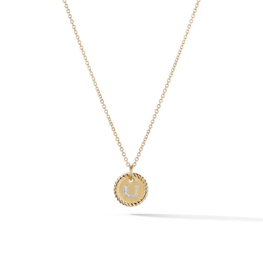 David Yurman U Initial Charm Necklace in 18K Yellow Gold with Pave Diamonds