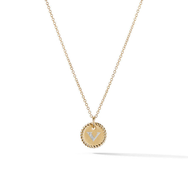 David Yurman V Initial Charm Necklace in 18K Yellow Gold with Pave Diamonds