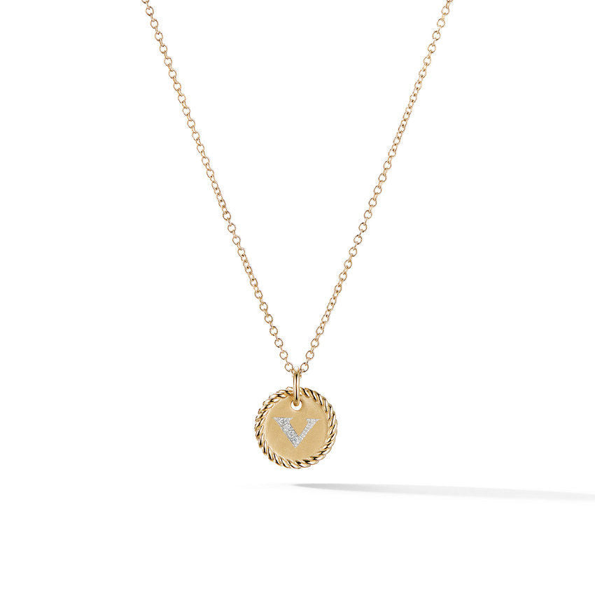 David Yurman V Initial Charm Necklace in 18K Yellow Gold with Pave Diamonds