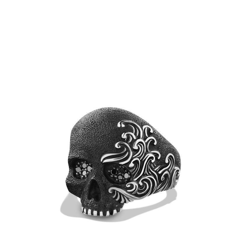 David Yurman Waves Large Skull Ring with Black Diamonds - Size 10
