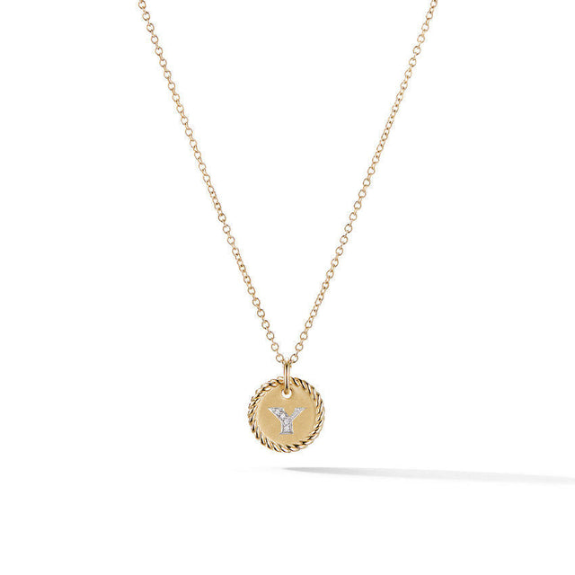 David Yurman Y Initial Charm Necklace in 18K Yellow Gold with Pave Diamonds
