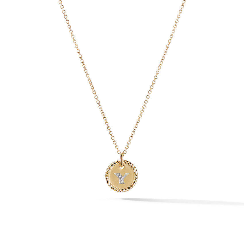 David Yurman Y Initial Charm Necklace in 18K Yellow Gold with Pave Diamonds