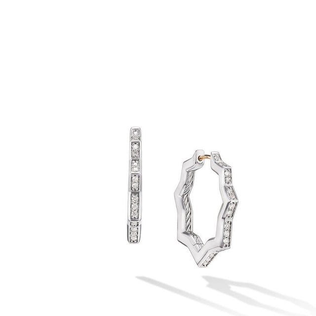 David Yurman Zig Zag Stax Hoop Earrings in Sterling Silver with Diamonds 22.8mm