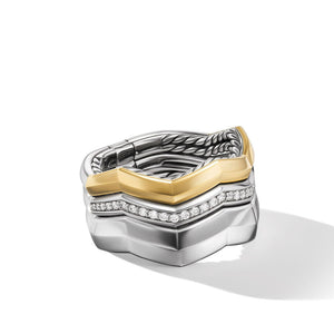 David Yurman Zig Zag Stax Three Row Ring in Sterling Silver with 18K Yellow Gold and Diamonds 11.7mm - Size 7