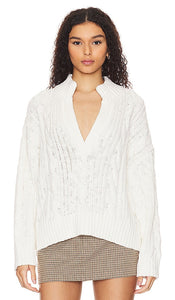 Denimist Split Neck Cable Sweater in White
