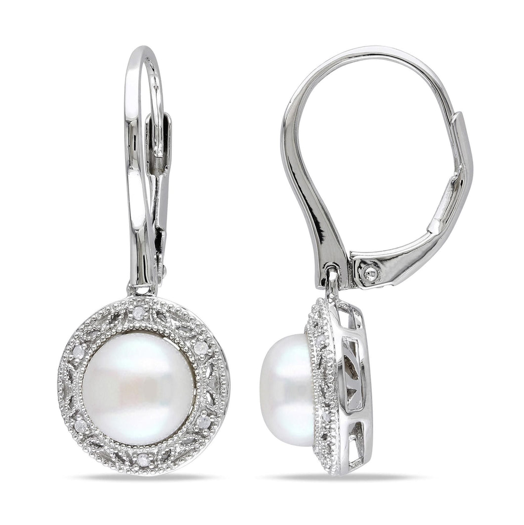 Diamond Halo White Freshwater Cultured Pearl Earrings 1/20ctw