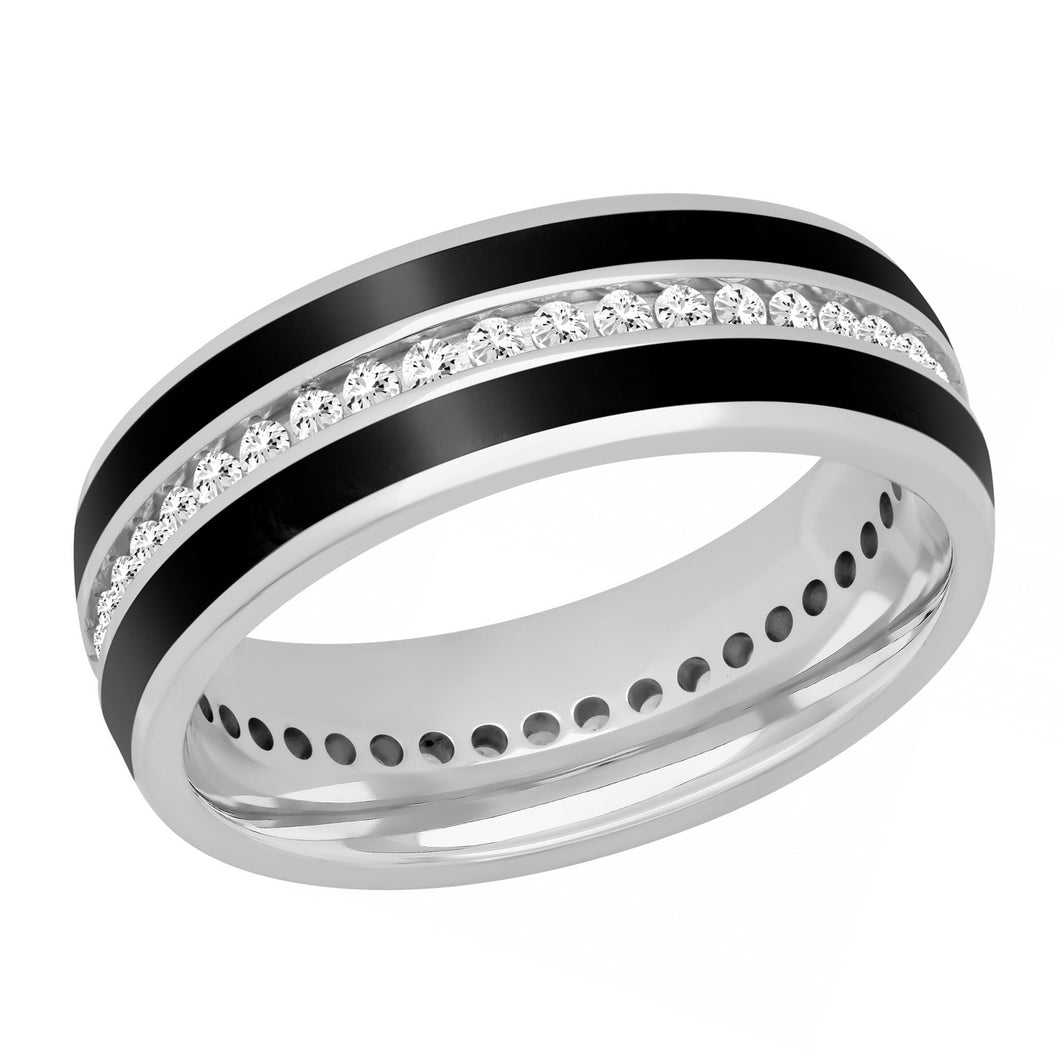 Diamond and Black Ceramic Inlay White Gold Eternity Wedding Band | 7mm | Size 5