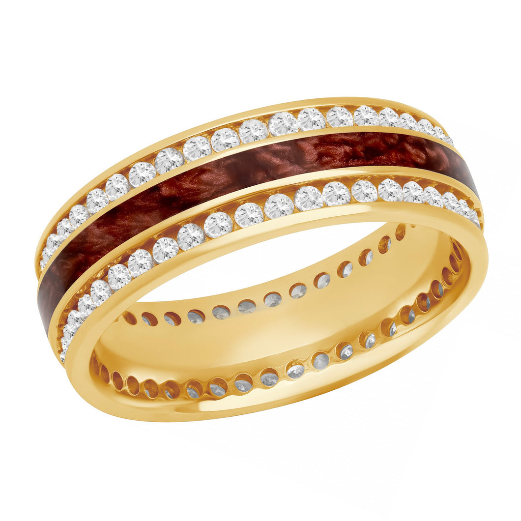 Diamond and Pearl Red Ceramic Inlay Yellow Gold Double Eternity 7mm Wedding Band - Size 5