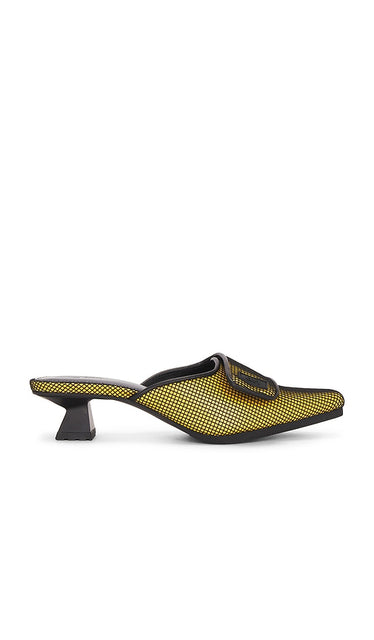 Dirt Kitten Heel Mules in Yellow | Mustard & Mesh Closed Toe Mules for Women