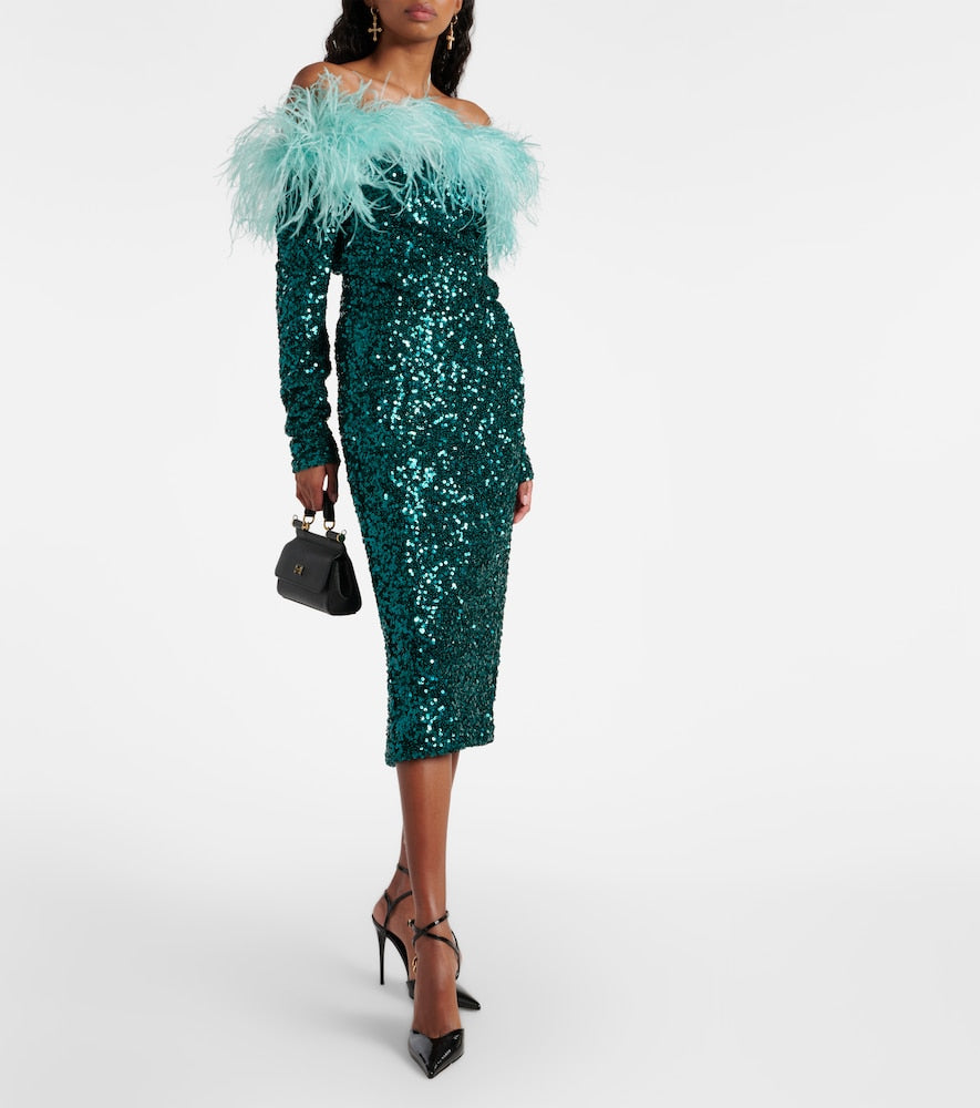 Dolce&Gabbana Feather-trimmed sequined midi dress