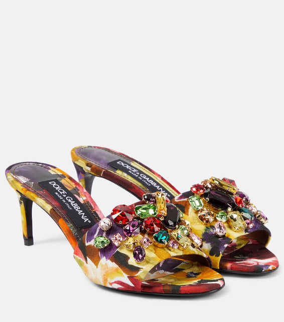 Dolce&Gabbana Rhinestone-embellished floral satin mules
