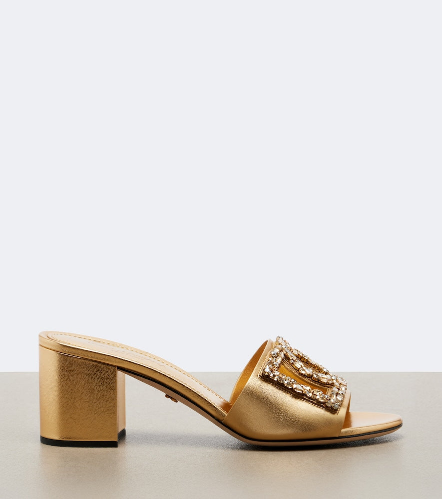 Dolce&Gabbana DG embellished metallic leather mules in Gold - Mid Heel Sandals