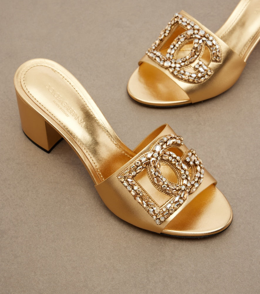 Dolce&Gabbana DG embellished metallic leather mules in Gold - Mid Heel Sandals