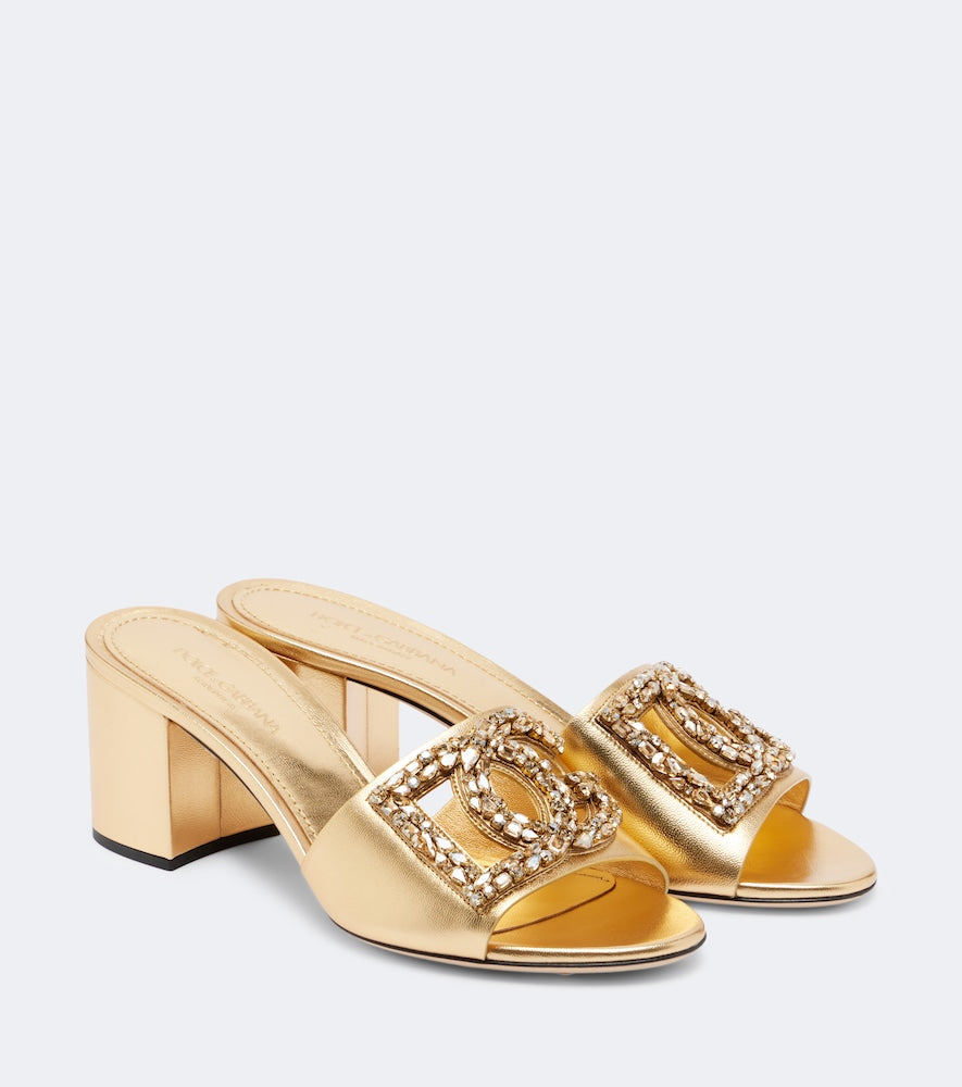 Dolce&Gabbana DG embellished metallic leather mules in Gold - Mid Heel Sandals