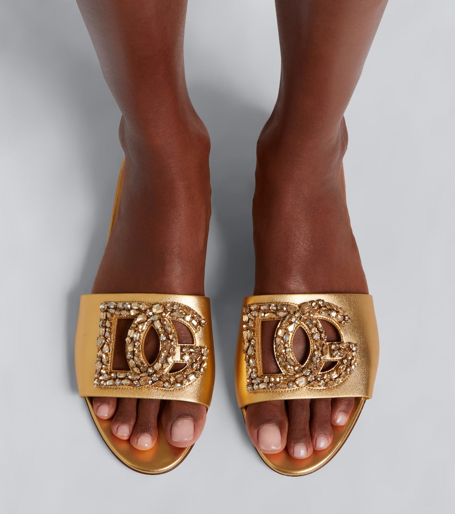 Dolce&Gabbana DG embellished metallic leather slides (Gold) - Slides